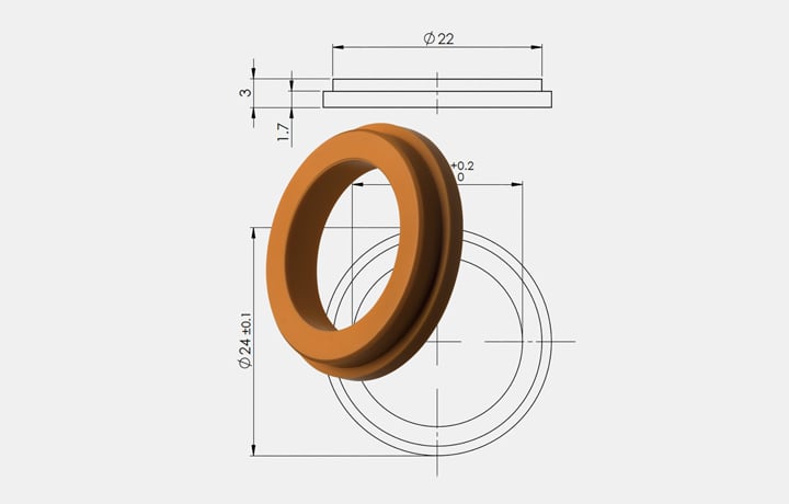 Guarnizione sagomata arancione sovrapposta al relativo disegno tecnico quotato su sfondo chiaro